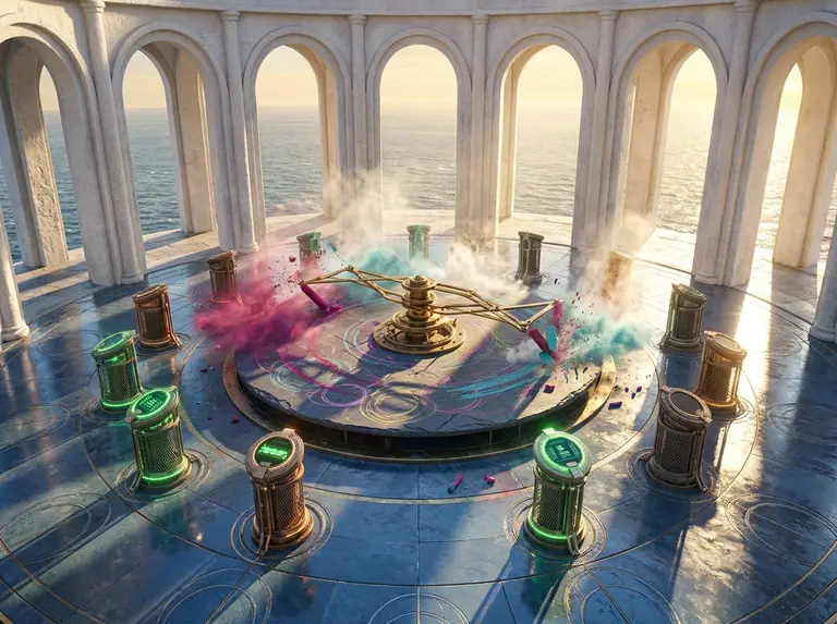 A circular white-chalk rotunda where a central brass pantograph sketches in bright pastel on a slate floor surrounded by twelve player pedestals.