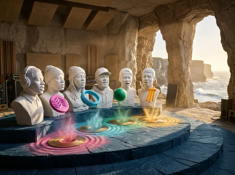 Seven carved chalk beatboxer sculptures on a dark slate stage surrounded by floating pastel sound tokens and rising rings of coloured chalk dust.
