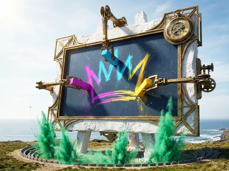 A giant dark-slate easel on a white chalk cliff where kinetic pastel sticks sketch a glowing crown while a brass stopwatch ticks.