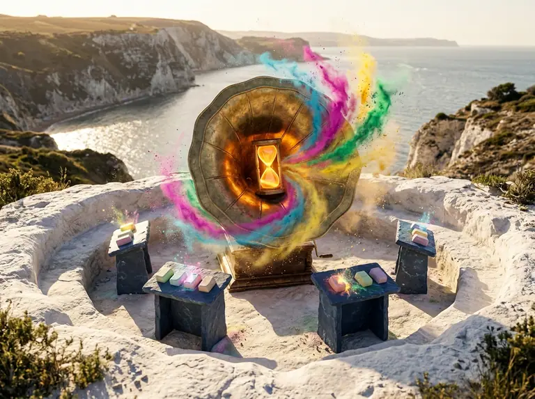 A central brass gramophone horn with a glowing crystal timer sending colourful chalk-dust soundwaves toward four dark blue-slate quiz podiums.