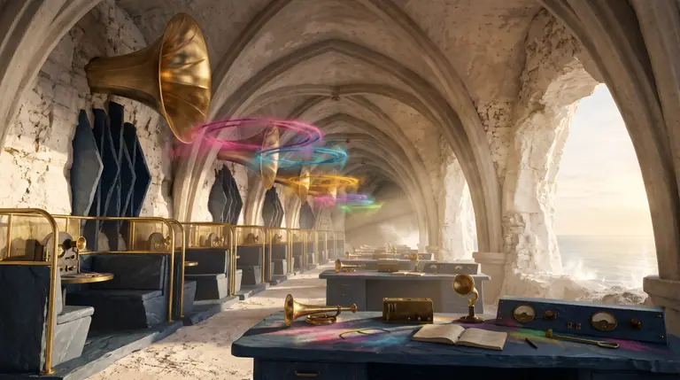 A vaulted white-chalk cliff gallery filled with spun-brass listening horns, dark blue-slate baffles, and glowing rings of colourful chalk dust.